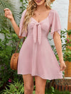 Smocked Back Knotted Flutter Sleeve Dress Blush Pink