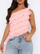 Layered Ruffled One Shoulder Tank Watermelon pink