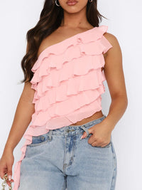 Layered Ruffled One Shoulder Tank Watermelon pink