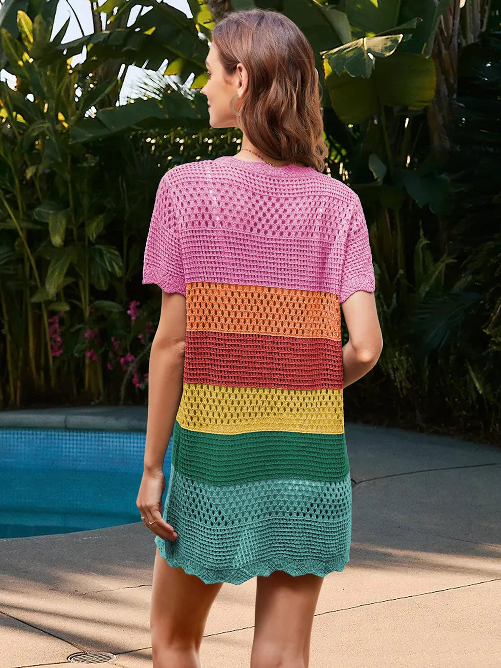 Sheer Openwork Round Neck Short Sleeve Cover-Up for Beach or Pool Day - 100% Viscose