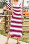 Casual Striped V-Neck Midi T-Shirt Dress Deep Rose