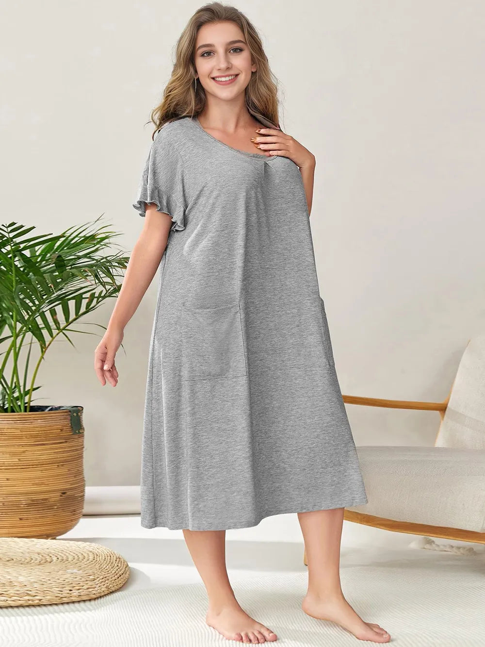 Plus Size Opaque Round Neck Short Sleeve Lounge Dress with Moderate Stretch