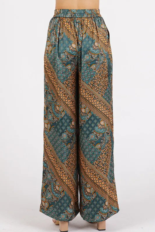 Mittoshop Paisley Patchwork Print Satin Wide Leg Pants