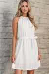 Lace Sleeveless Tied Waist Mini Dress White