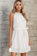 Lace Sleeveless Tied Waist Mini Dress White