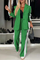 Full Size Contrast Lapel Collar Top and Pants Set Green