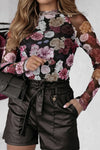 Floral Mock Neck Long Sleeve Mesh Top Black