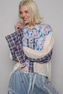 POL Floral Slit Back Plaid Patchwork Shirt Blue