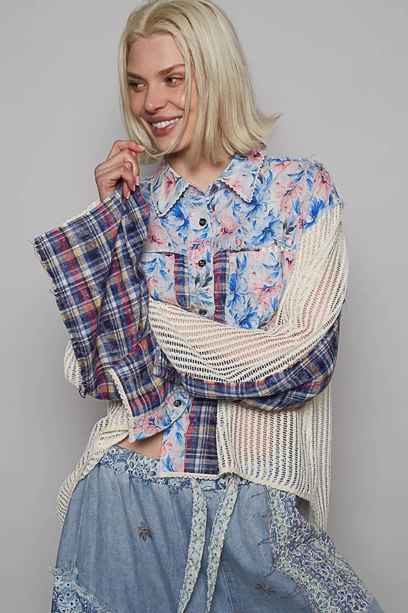 Bohemian-Chic POL Floral Plaid Patchwork Blouse with Cozy Knit Cardigan Overlay