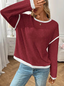 Slightly Stretchy Ribbed Long Sleeve Top with Contrast Trim - Elegant Basic Style - Store 42