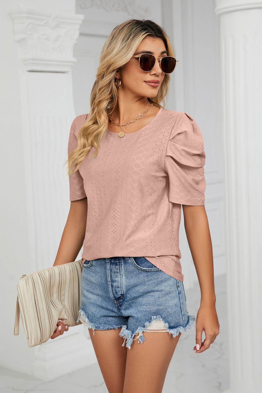 Trendsi Eyelet Puff Sleeve Blouse - Casual Round Neck Top for Every Occasion