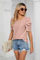 Trendsi Eyelet Puff Sleeve Blouse - Casual Round Neck Top for Every Occasion - Store 42