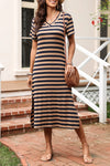 Casual Striped V-Neck Midi T-Shirt Dress Brown