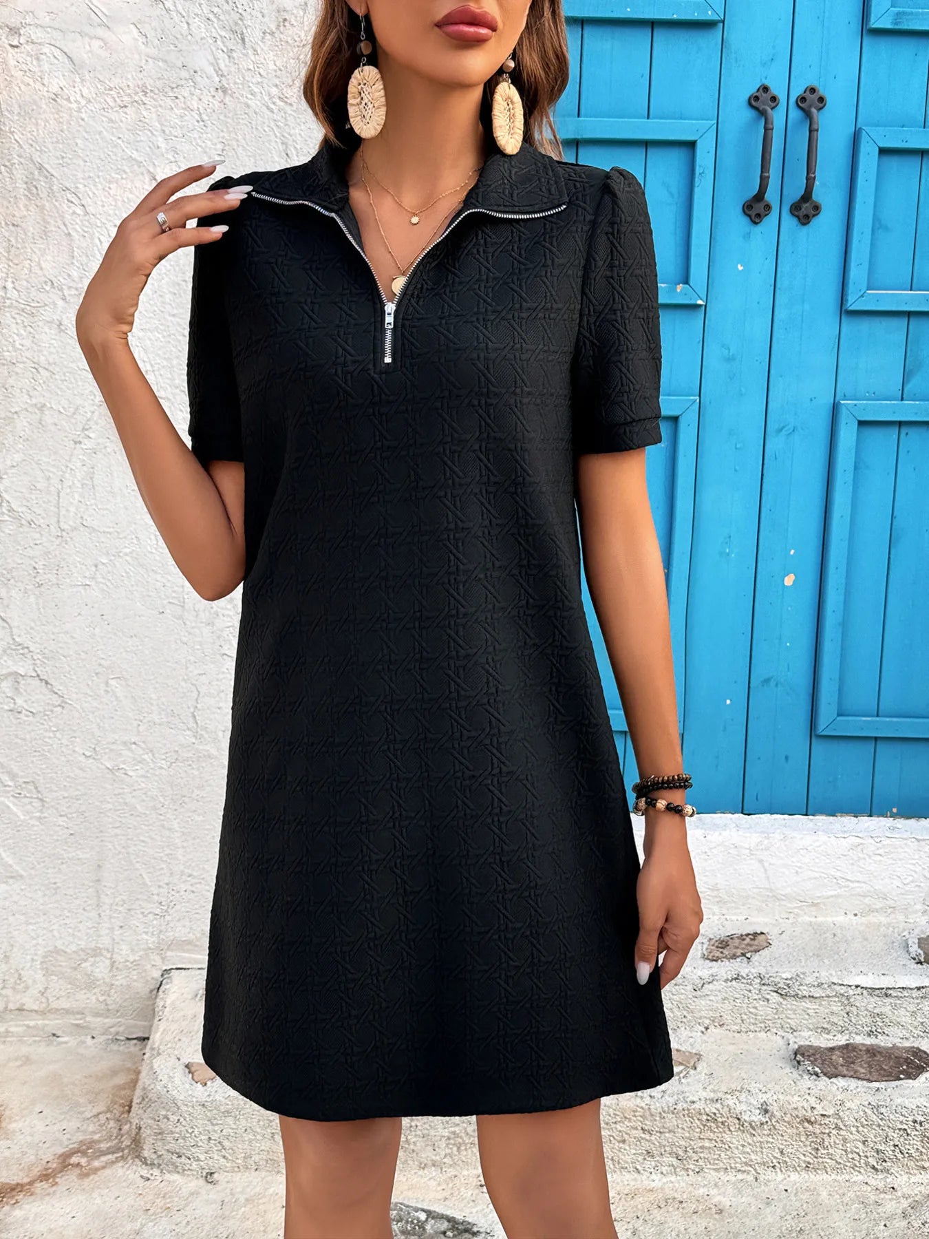 Zip Collar Short Sleeve Casual Mini Dress