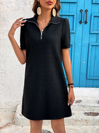 Zip Collar Short Sleeve Casual Mini Dress