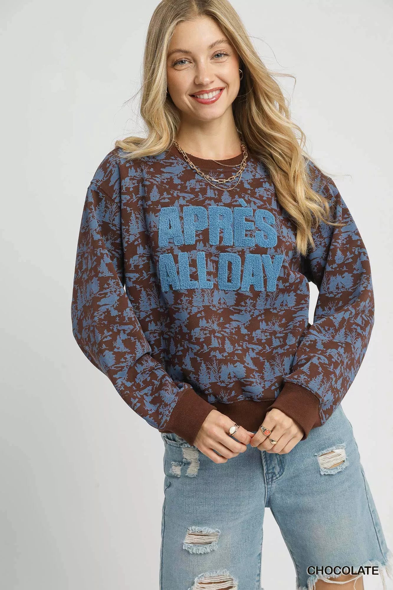 Stylish Scenic Print Cropped Sweatshirt – Cozy Oversized Fit with Slight Stretch