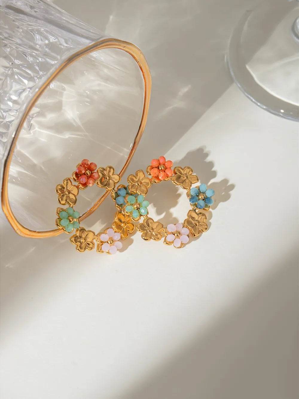 Elegant 18K Gold-Plated Stainless Steel Flower Earrings with Synthetic Crystals