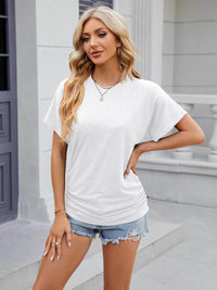 Slightly Stretchy Ruched Round Neck Short Sleeve T-Shirt for Women - Casual Basic Tops - Store 42