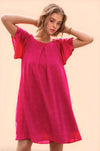 Davi & Dani Textured Ruffle Boat Neck Shift Dress Fuchsia