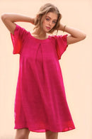 Davi & Dani Textured Ruffle Boat Neck Shift Dress Fuchsia