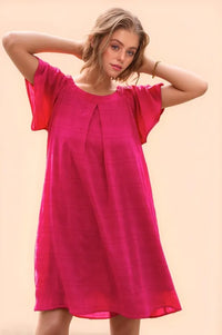 Davi & Dani Textured Ruffle Boat Neck Shift Dress Fuchsia
