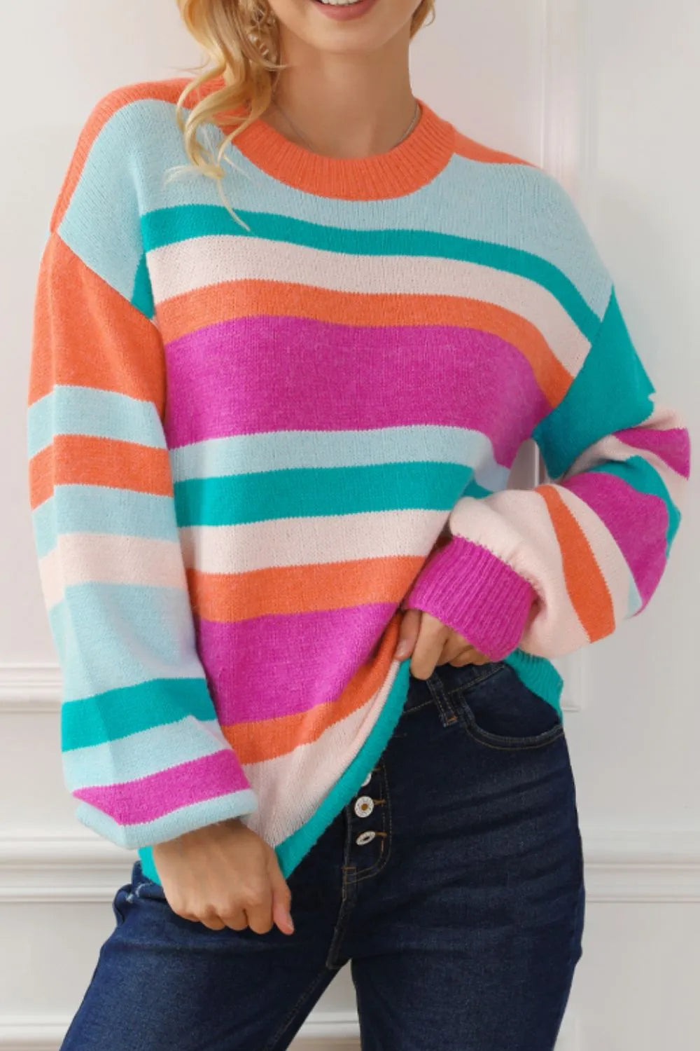 Trendy Striped Round Neck Drop Shoulder Sweater - Slightly Stretchy, 60% Acrylic, Machine Washable