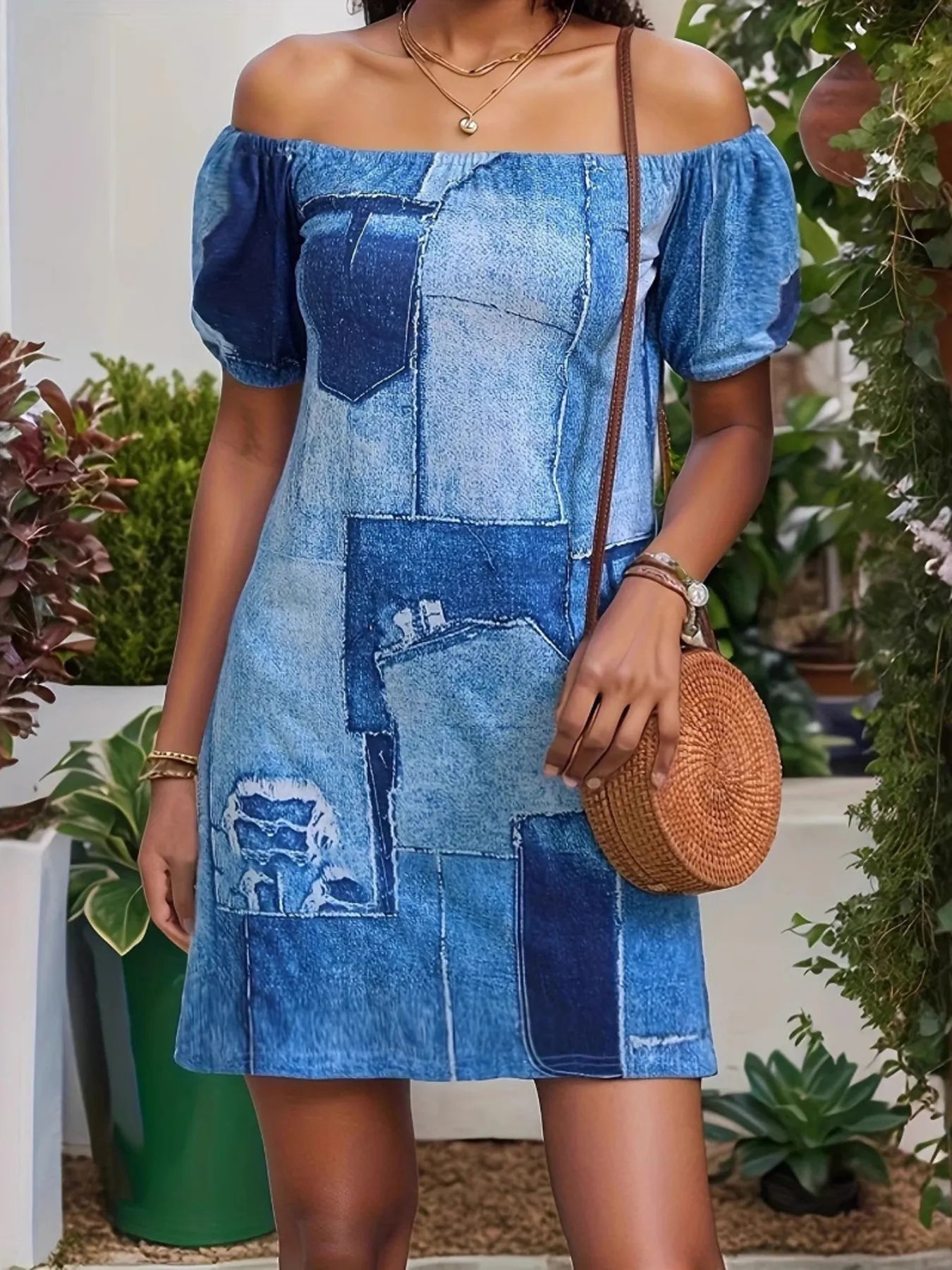 Trendy Off Shoulder Denim Mini Dress with Patchwork Detail - 100% Polyester, Machine Washable