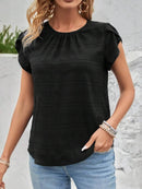 Slightly Stretchy Round Neck Ruched Petal Sleeve Top - 95% Polyester, 5% Spandex - Store 42
