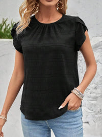 Slightly Stretchy Round Neck Ruched Petal Sleeve Top - 95% Polyester, 5% Spandex - Store 42