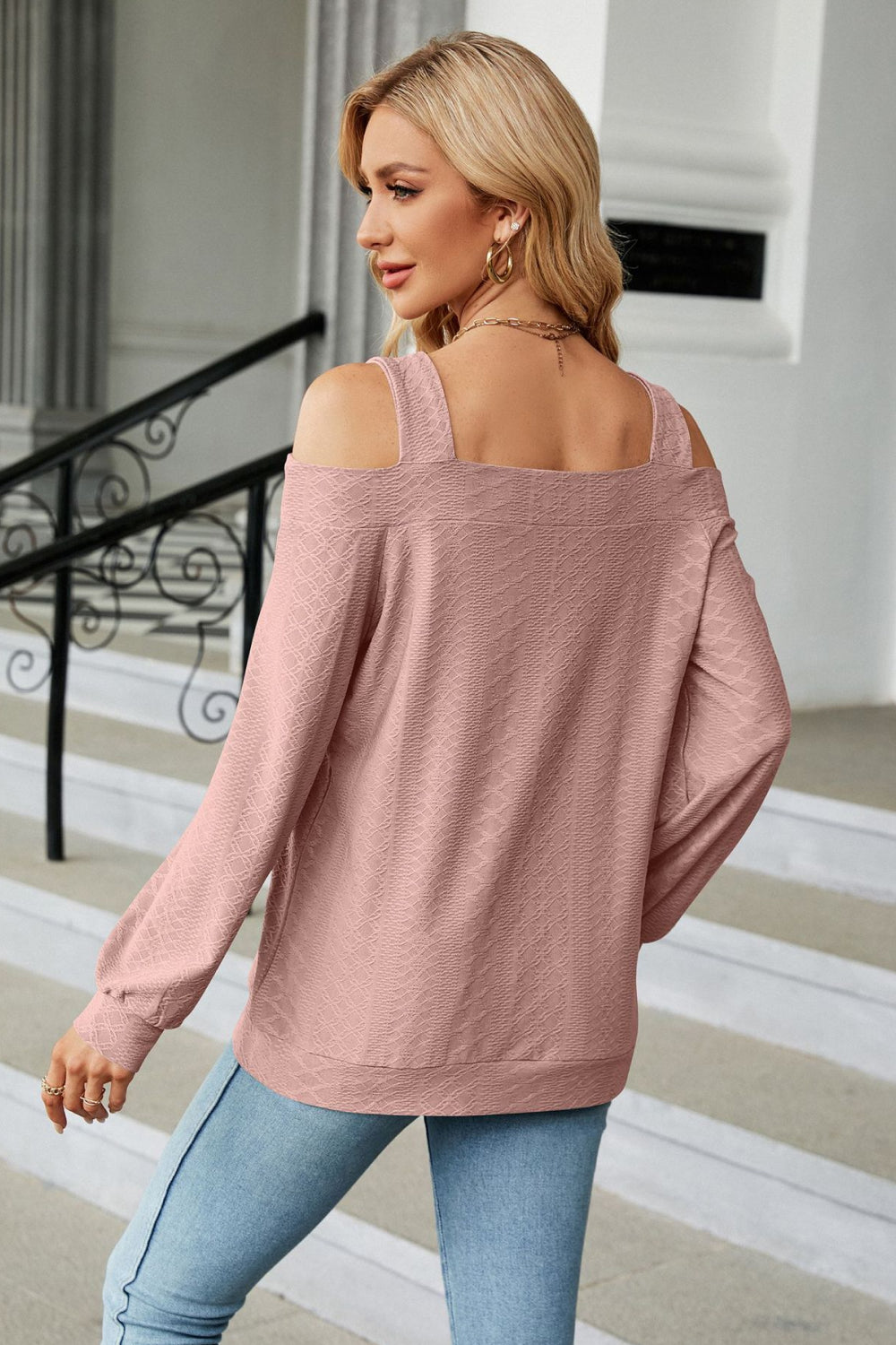 Chic Cold Shoulder Square Neck Blouse with Cutout Detail - Long Sleeve Solid Design