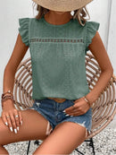 Elegant Eyelet Round Neck Cap Sleeve Top - 95% Polyester, No Stretch, Imported - Store 42