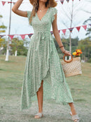 Printed Surplice Ruffle Sleeve Dress