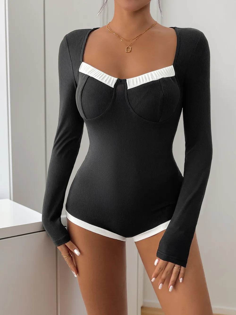 Perfee Ribbed Contrast Long Sleeve Bodysuit - Store 42