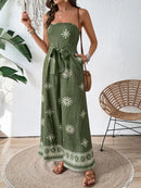 Printed Wide Leg Tube Jumpsuit Matcha Green