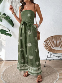 Printed Wide Leg Tube Jumpsuit Matcha Green