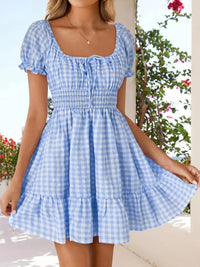Gingham Smocked Puff Sleeve Summer Dress Blue