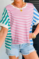 Trendy Color Block Striped Batwing Sleeve T-Shirt in Soft Cotton Blend - Slightly Stretchy Fit - Store 42