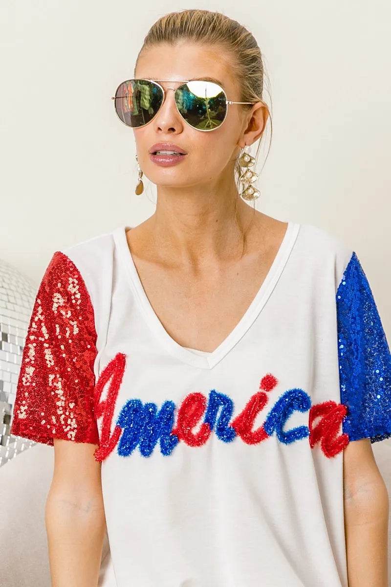 Chic Metallic Letter V-Neck Top with Sequin Sleeves for Glamorous Looks - Store 42