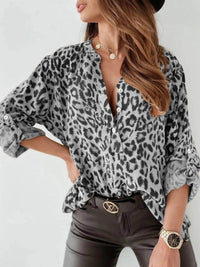 Full Size Leopard Print Roll-Tab Sleeves Blouse Plus Size - Store 42