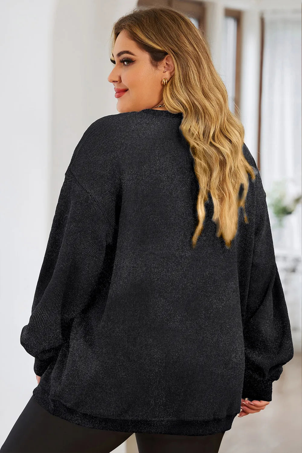 Trendy Plus Size Heart Ribbed Sweatshirt with Round Neck - 100% Polyester, Opaque Design