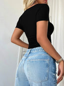 Scoop Neck Short Sleeve T-Shirt - Lightweight, Slightly Stretchy Fabric, 65% Polyester - Store 42