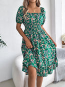 Ruffled Hem Floral Puff Sleeve Dress