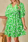 Printed Puff Half Sleeve V Neck Babydoll Dress Green