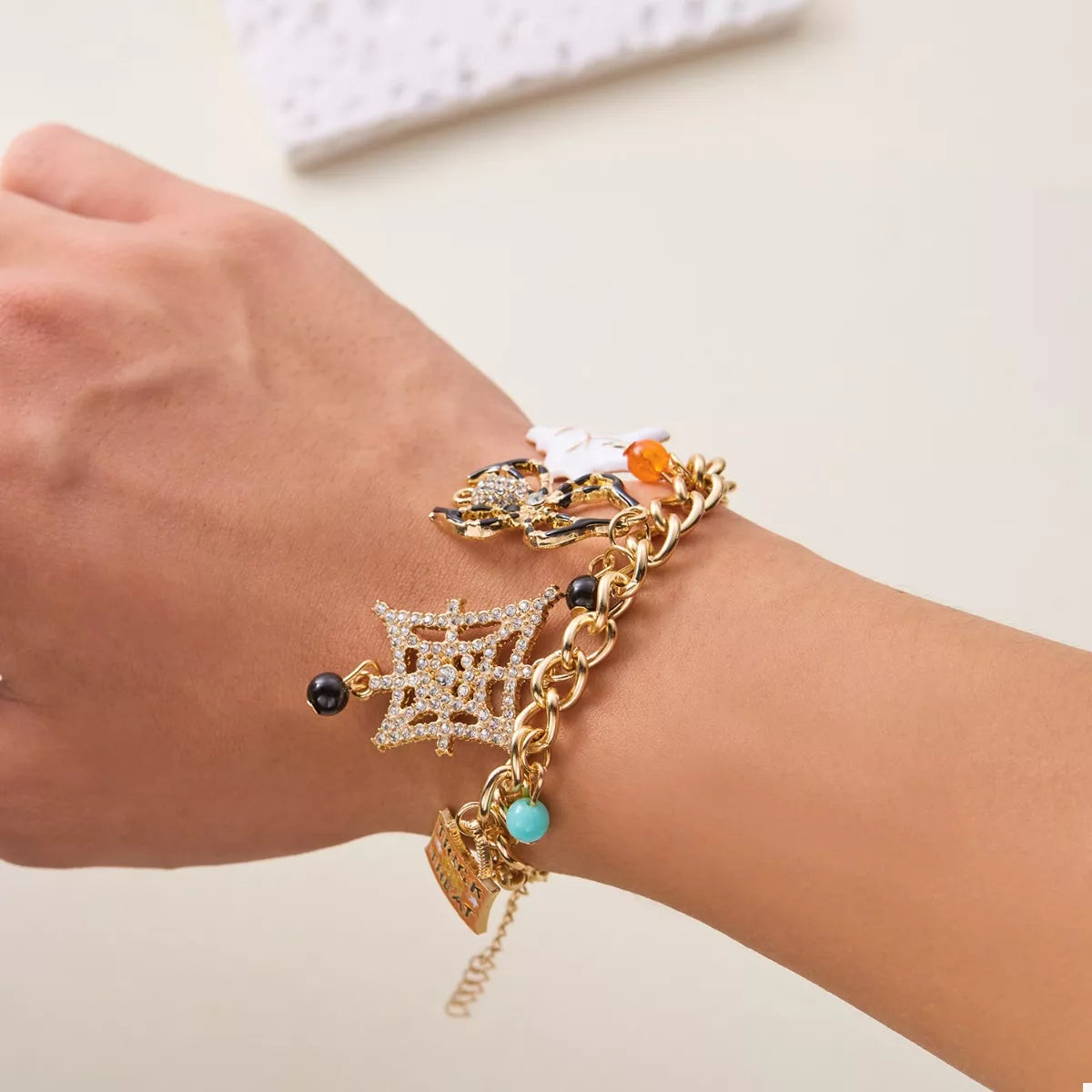 Elegant 18K Gold-Plated Halloween Charm Bracelet with Zircon Detail - Perfect for Spooky Style