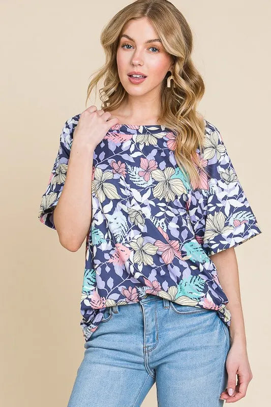 BOMBOM Floral Print Oversized Round Neck Short Sleeve T-Shirt - Chic Casual Style