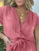 Full Size Tie Waist Cap Sleeve Denim Romper Plus Size - Store 42