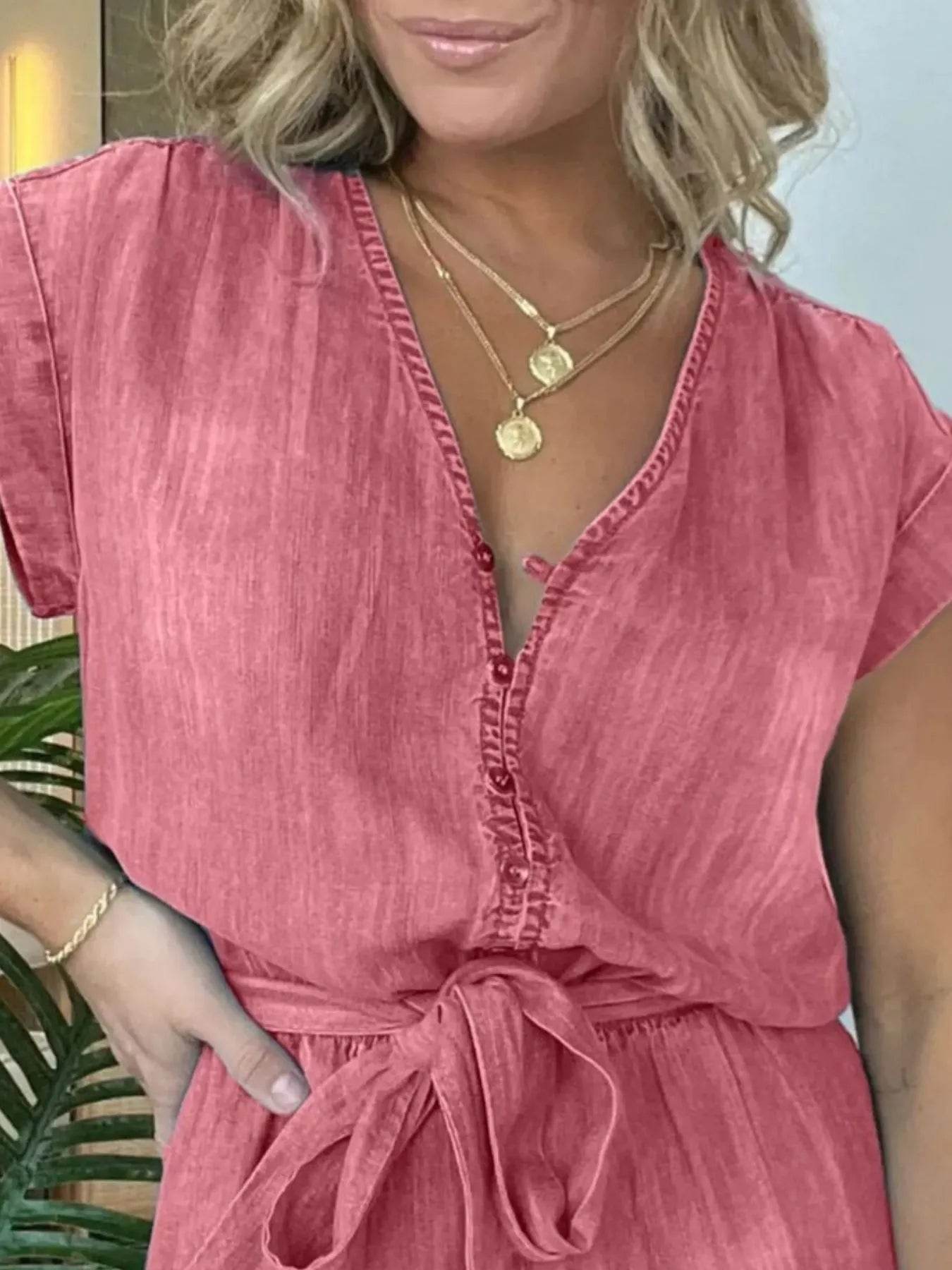 Full Size Tie Waist Cap Sleeve Denim Romper Plus Size - Store 42