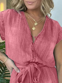 Full Size Tie Waist Cap Sleeve Denim Romper Plus Size - Store 42