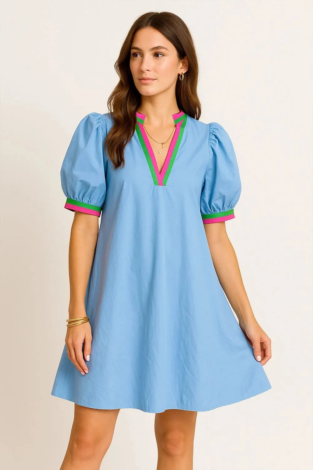 Notched Puff Sleeve Swing Dress