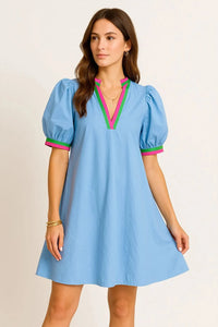 Notched Puff Sleeve Swing Dress Light Blue